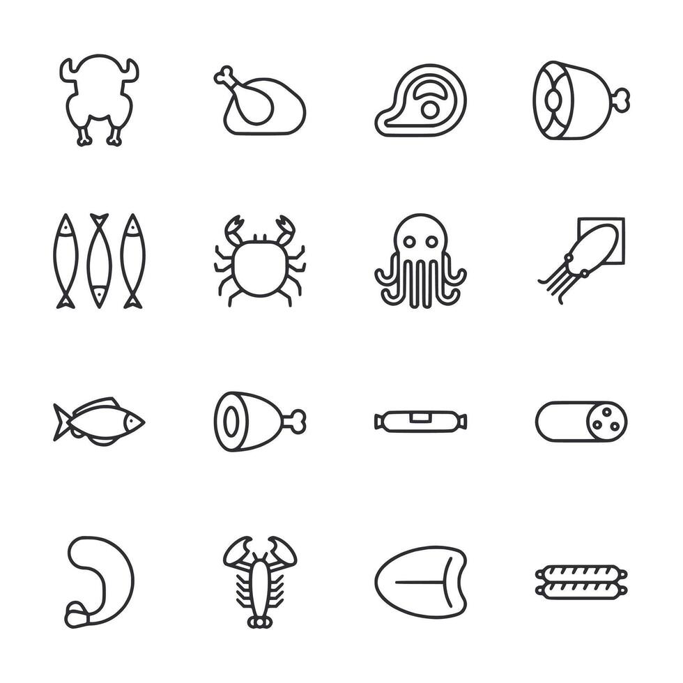 A set of food icons including a crab, octopus, and fish vector