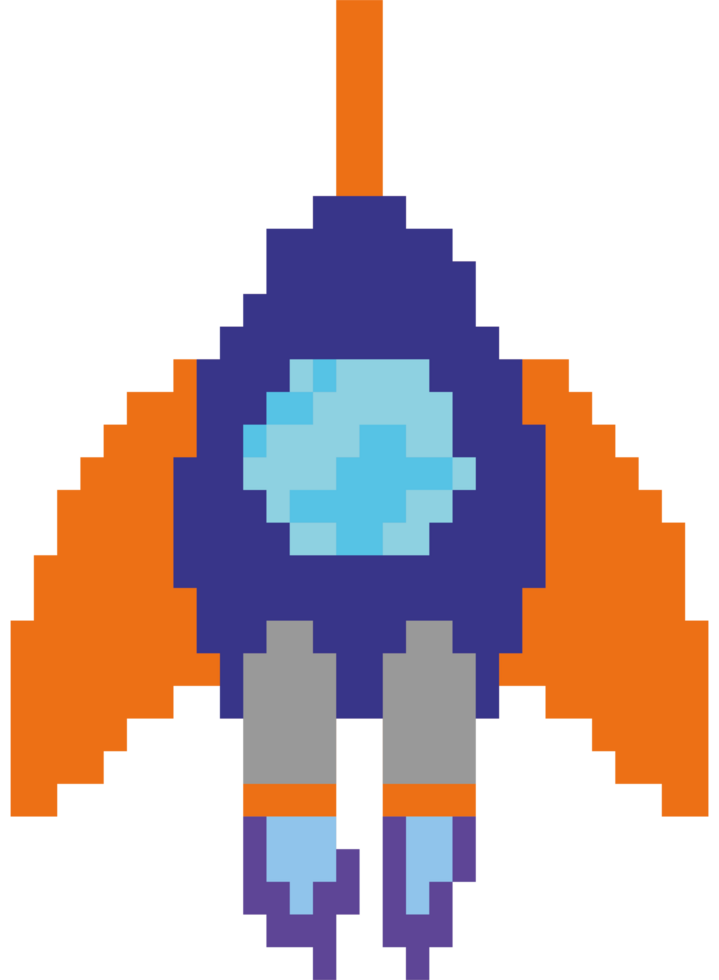 Pixel style space ship with orange and blue colors element icon isolated png
