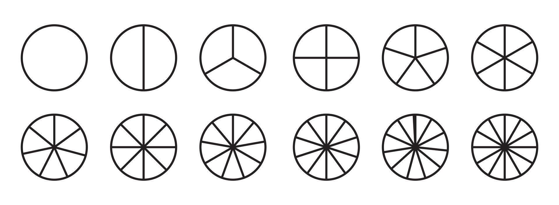 Circles divided in segments from 1 to 12 set, Pie Geometry Mathis Mathematical Education Diagram. different number of sectors divides the circle, vector