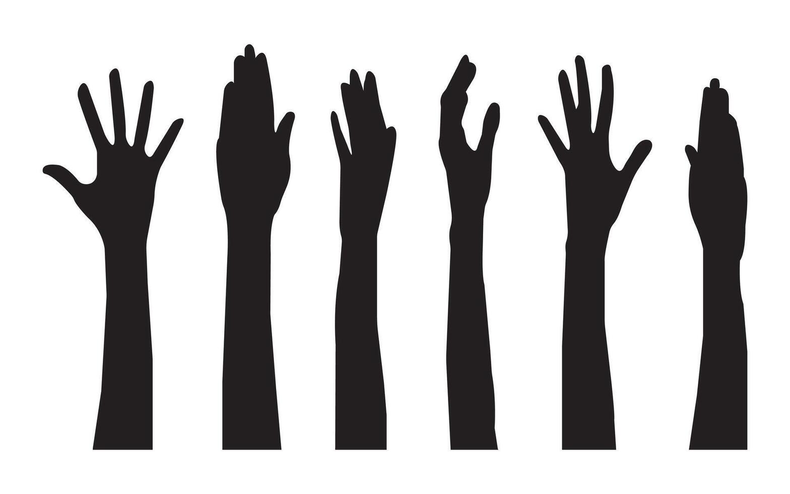 Set of raise hand silhouette icon. hand reaching silhouette, raised hands, unity, crowd, celebration. Hand gestures silhouettes collection. Set of different hand gestures. vector