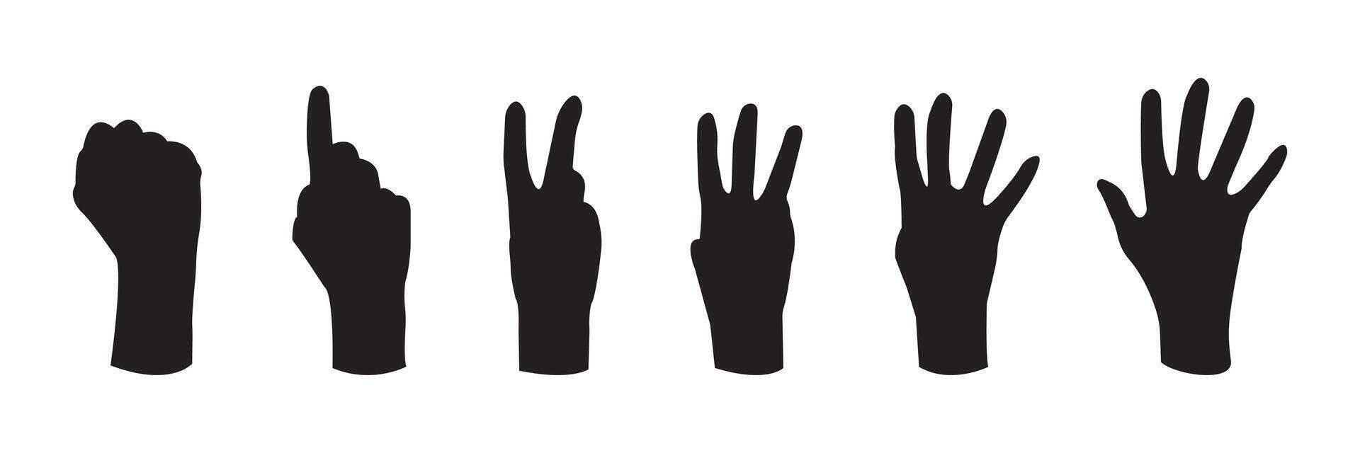 Set of hand silhouette icon. hand reaching silhouette, raised hands, unity, crowd, celebration. Hand gestures silhouettes collection. Set of different hand gestures. vector