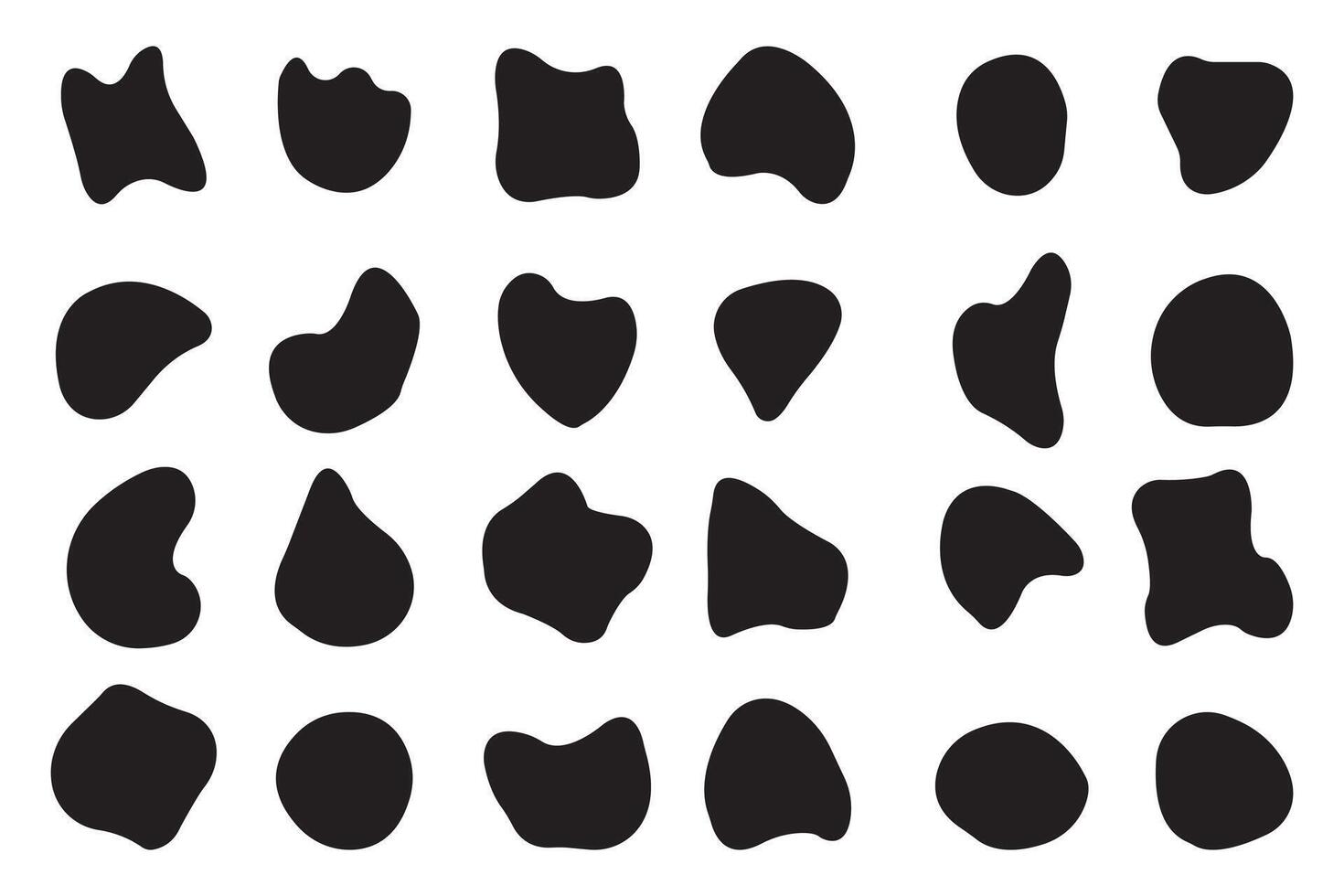 Random blob shapes. Black cube drops. Organic black blobs irregular shape. liquid shadows random shapes. Black cube drops simple shapes. Basic stains isolated elements vector