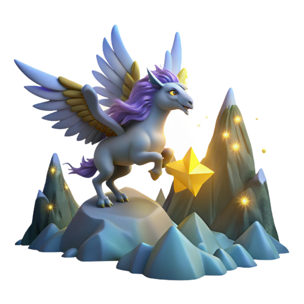 Winged Unicorn on Mountaintop with Star png