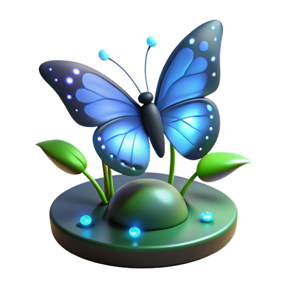 Luminous Blue Butterfly 3D Render Illustration on Green Plant Base with Glowing Gems png