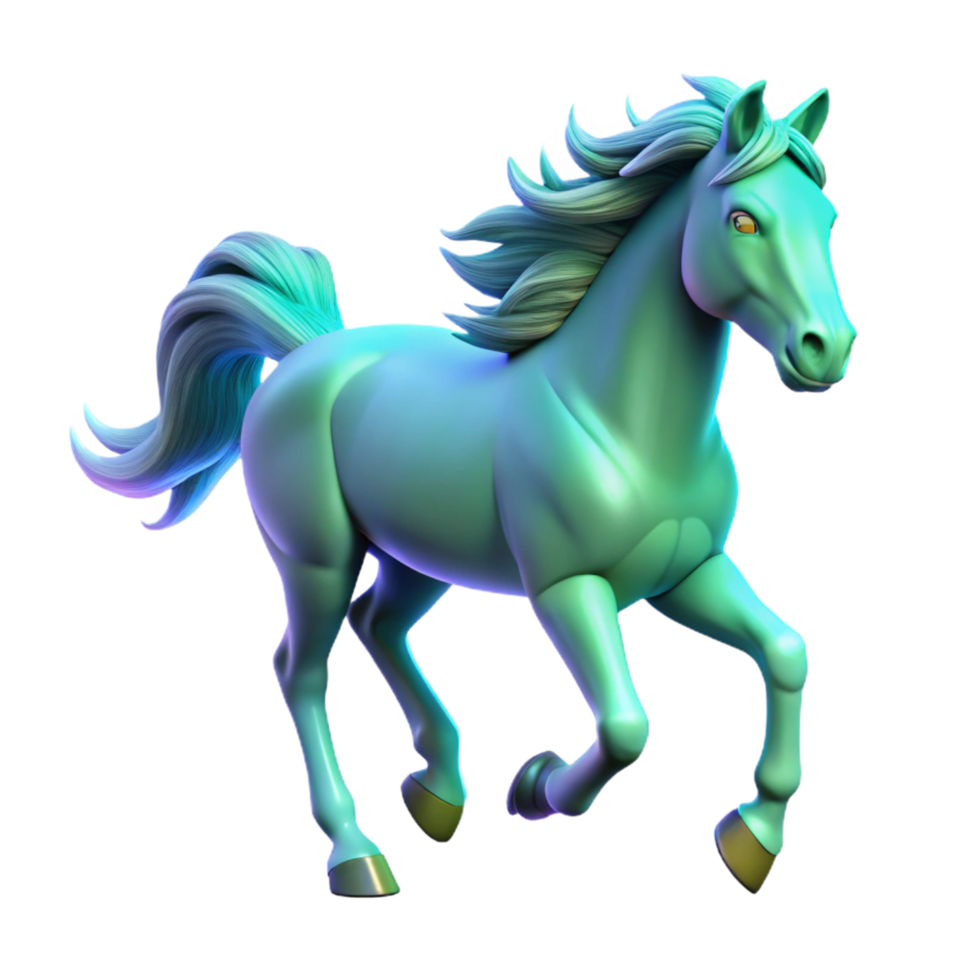 Teal Horse 3D Render, A Dynamic Digital Illustration of a Running Horse with Flowing Mane and Tail png