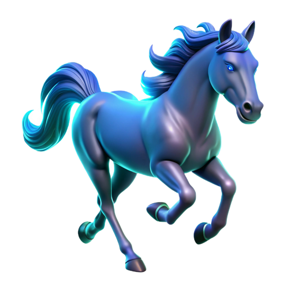 Majestic 3D Render of a Blue Horse in Motion, Dynamic Pose, Glowing Mane and Tail, Fantasy Creature Illustration png