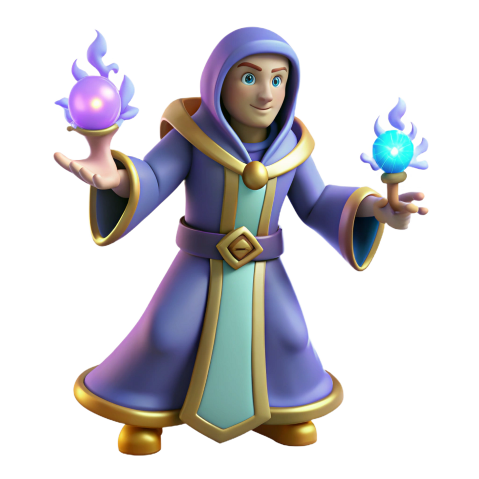3D Render of a Fantasy Wizard Character with Magical Globes, Purple Robe, and Golden Accents png