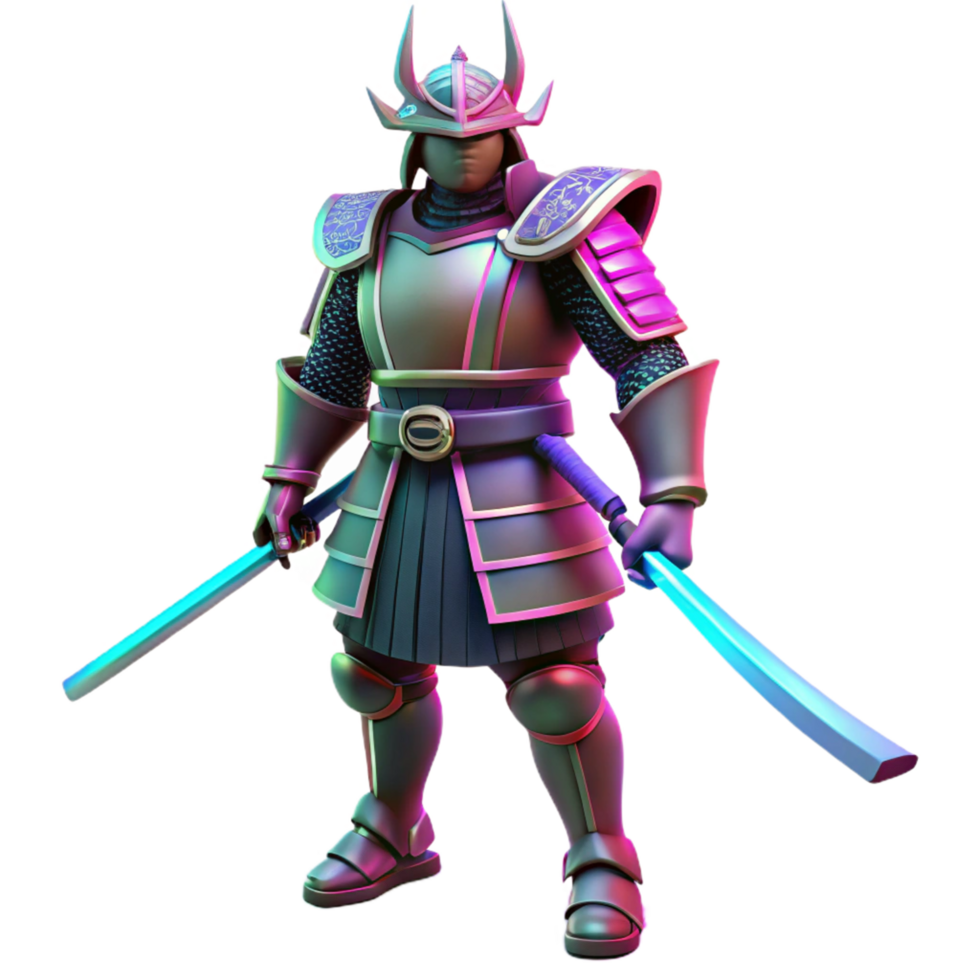 Neon Samurai Warrior 3D Render Illustration A Vivid Cyberpunk Style Figure in Full Armor with Two Bright Swords png