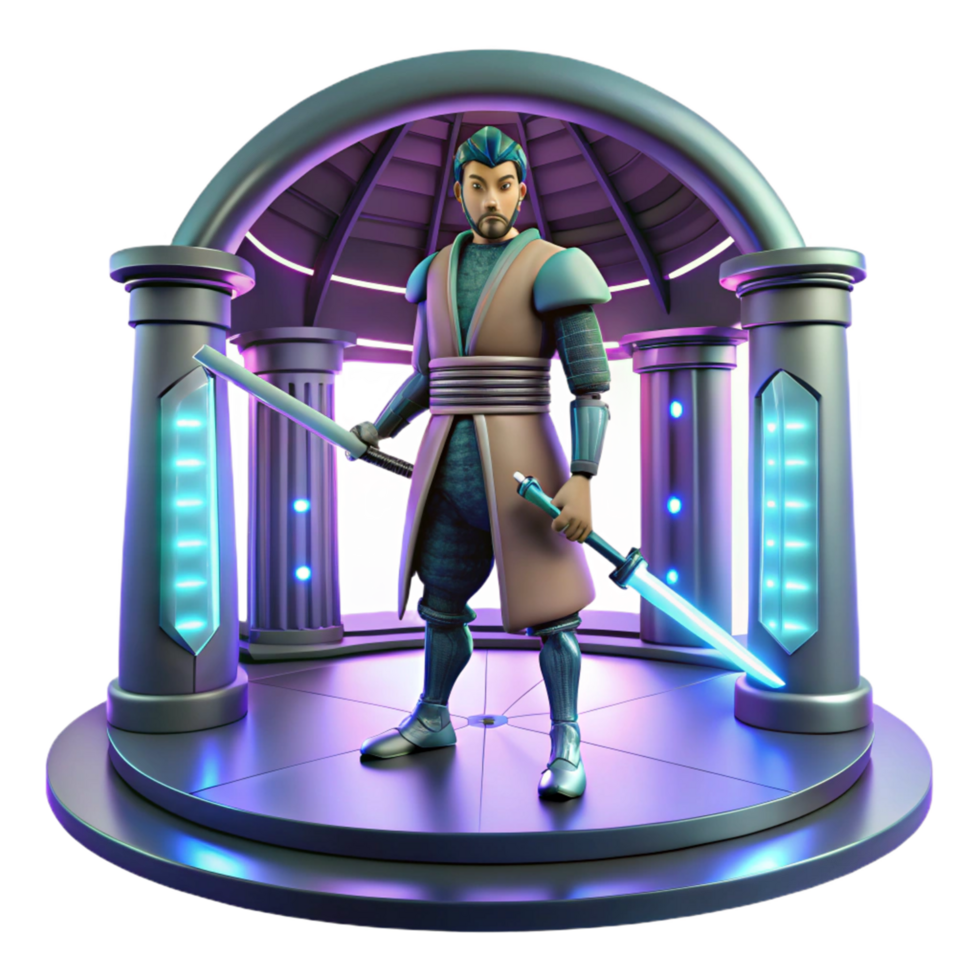 3D Render of a Futuristic Warrior with a Lightsaber in a Neoclassical Gazebo png