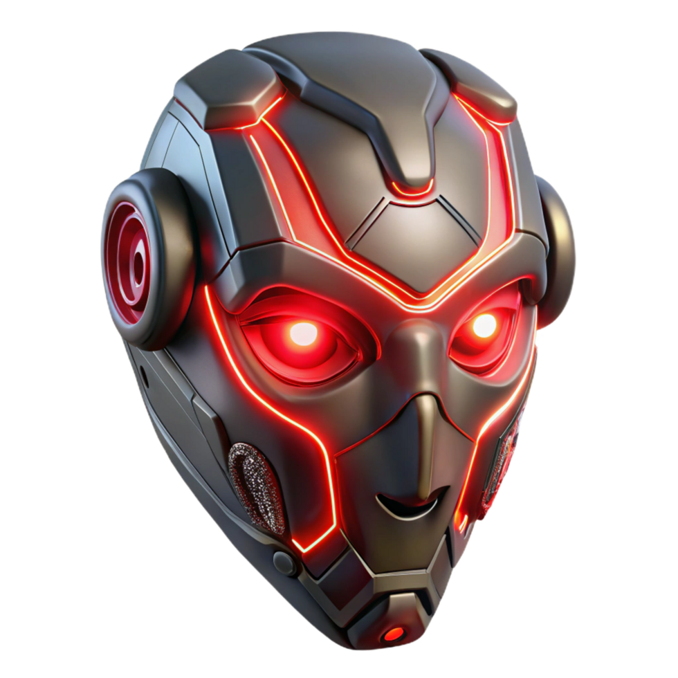 3D Render Futuristic Robot Head, Red Neon Lights png