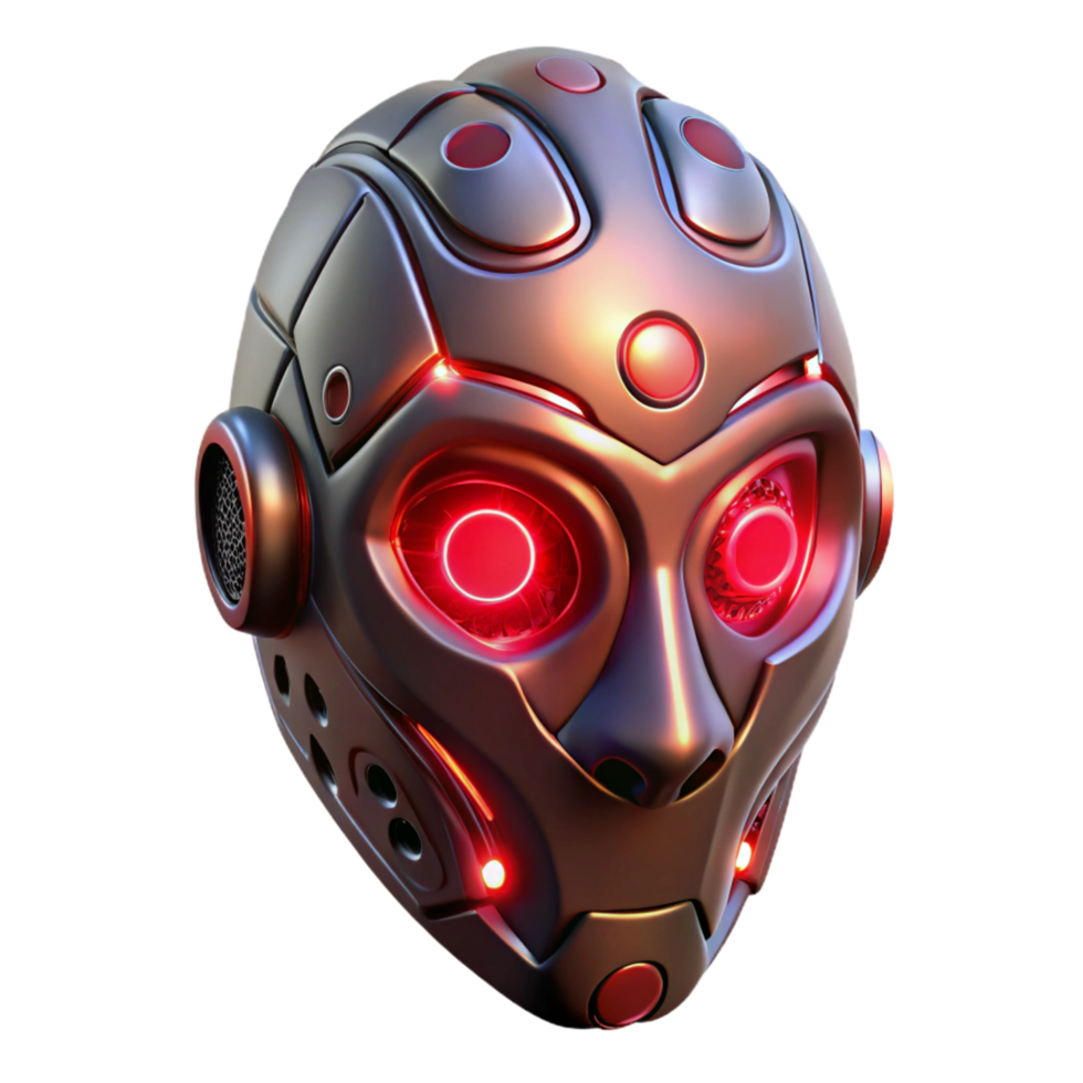 Futuristic Robotic Helmet Design Red LED Lights, Metallic Surface, 3D Render png