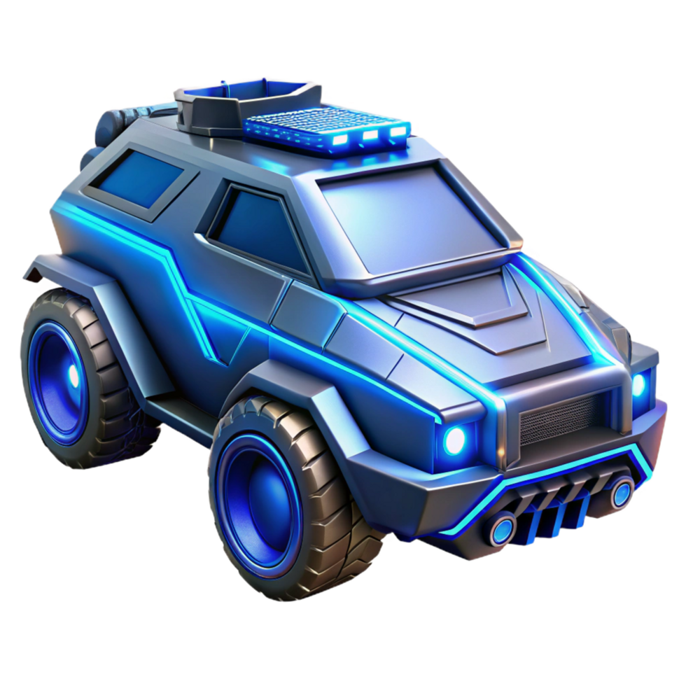 Futuristic Armored Vehicle 3D Render, Sci Fi Off Road Car Illustration, Blue Neon Lights, Powerful Engine, Detailed Design, Alloy Wheels, High Tech Security, Robust Build, Modern Transportation png