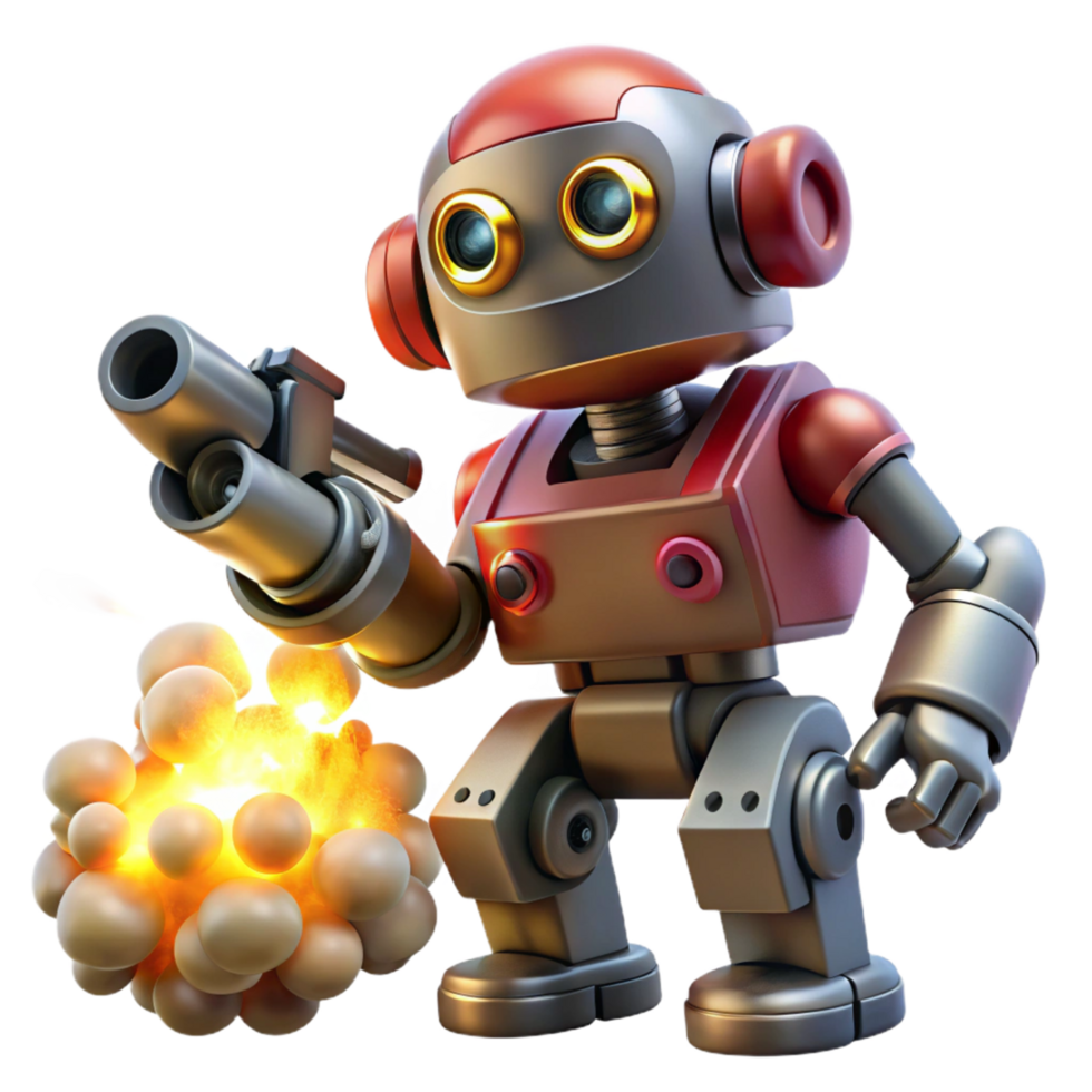 3D Render of a Cute Robot Firing a Weapon, Explosive Action Illustration png