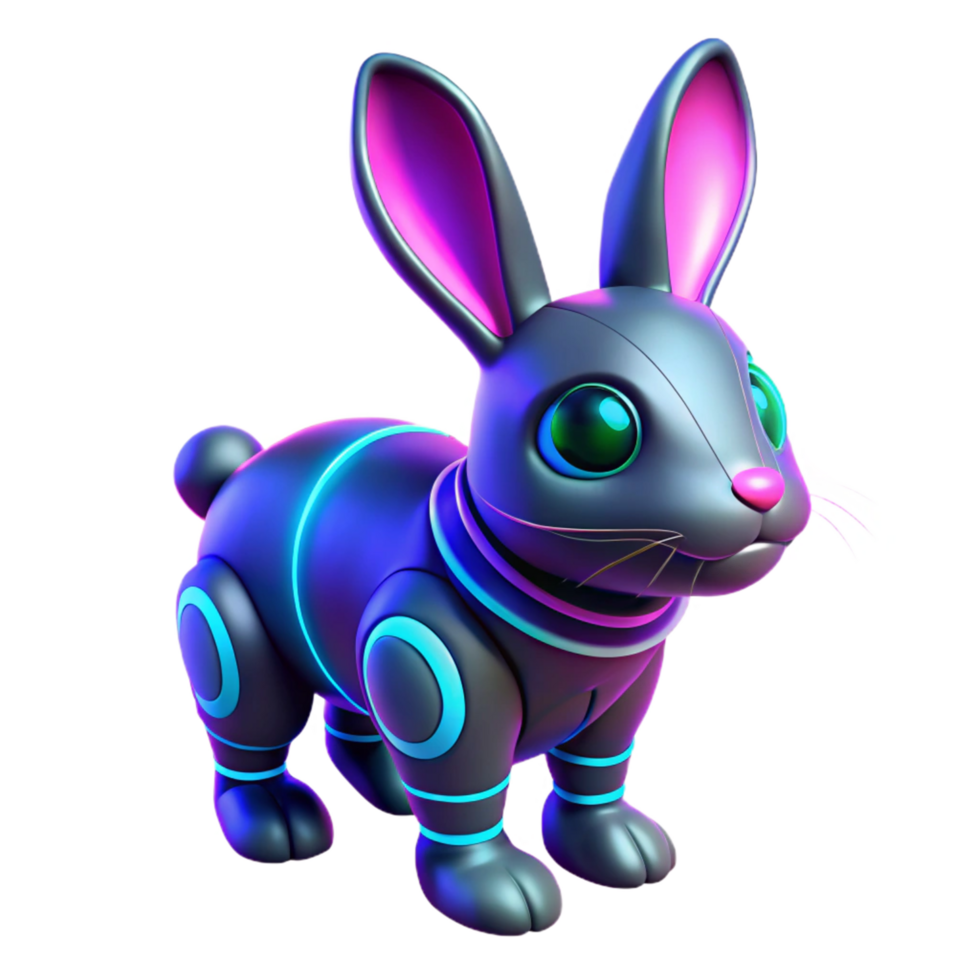 Neon Cyber Bunny 3D Render Futuristic Robot Rabbit Illustration Digital Art png