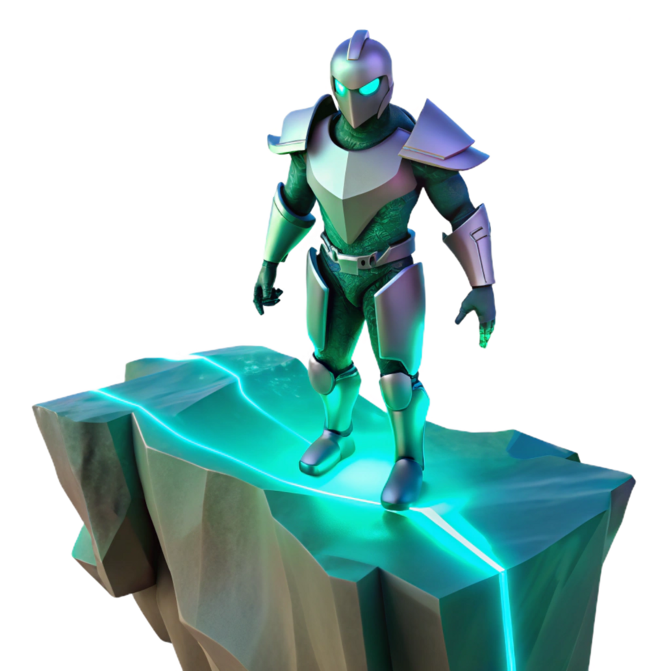 3D Render of Futuristic Knight on Glowing Rock png