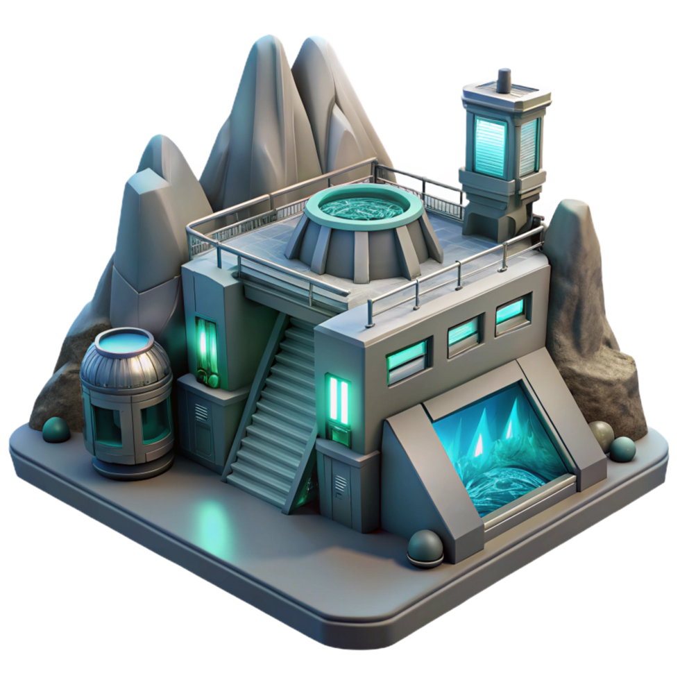 Futuristic Mountaintop Research Facility 3D Render Illustration A Stunning Visual of a Sci Fi Building Integrated into a Rocky Landscape png