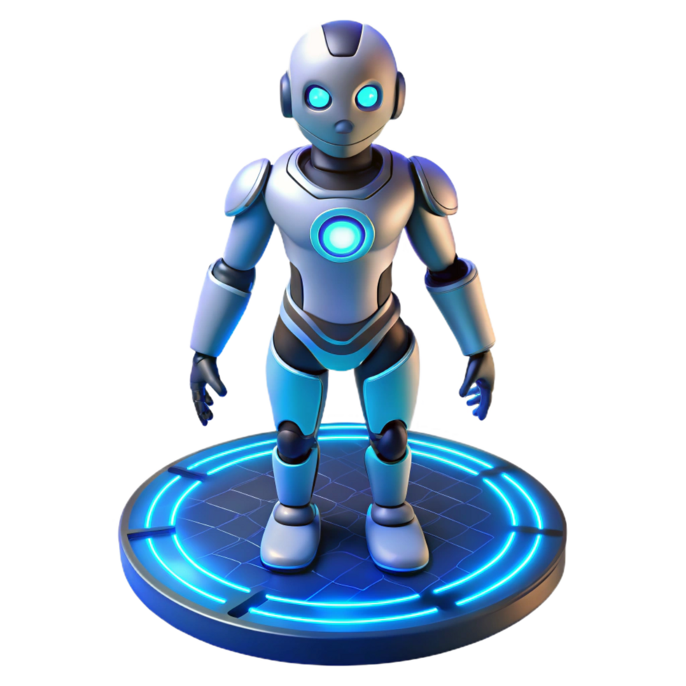 Futuristic Robot Design 3D Render of a Modern, Childlike Bot on a Neon Platform png