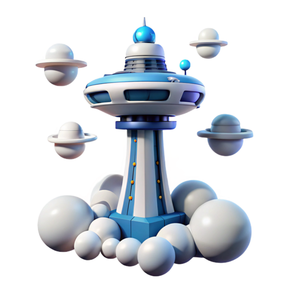 Futuristic Space Tower on Cloud Base with Orbiting Planets png