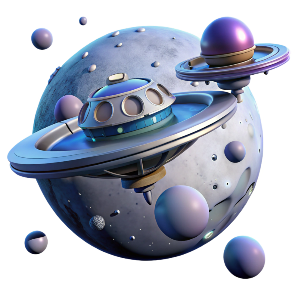 Spaceship Orbiting Celestial Body A 3D Render of Futuristic Spacecraft and Planets png