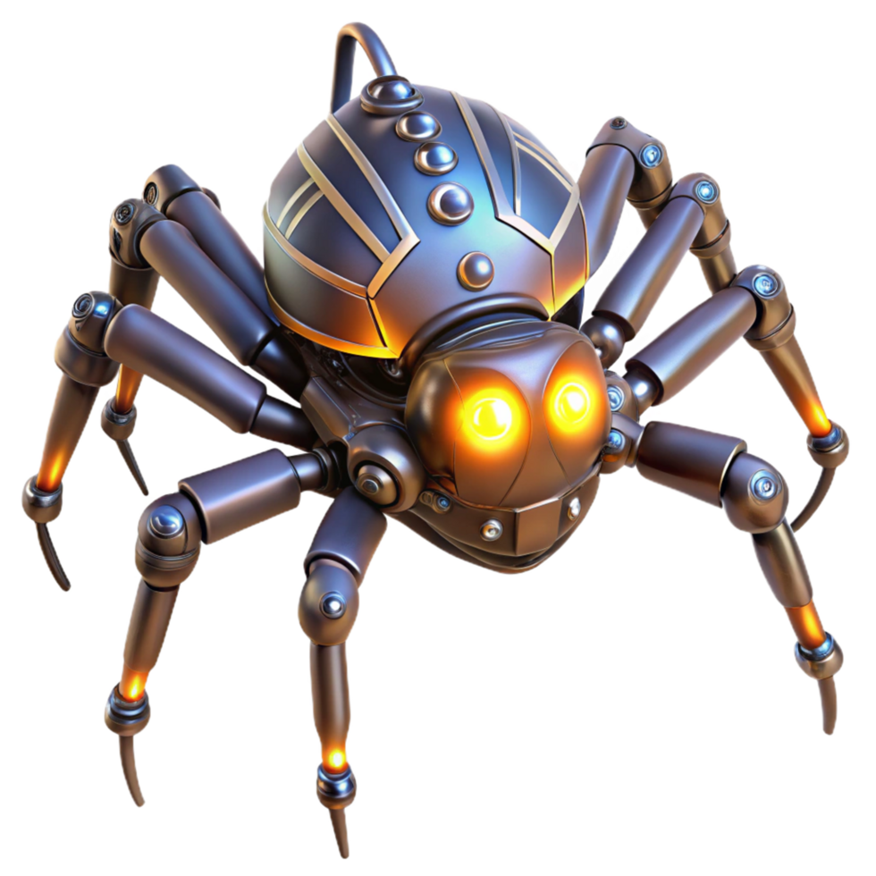 Cybernetic Spider Robot 3D Illustration Futuristic Metal Machine Arachnid Design Glowing Joints Detailed Render png