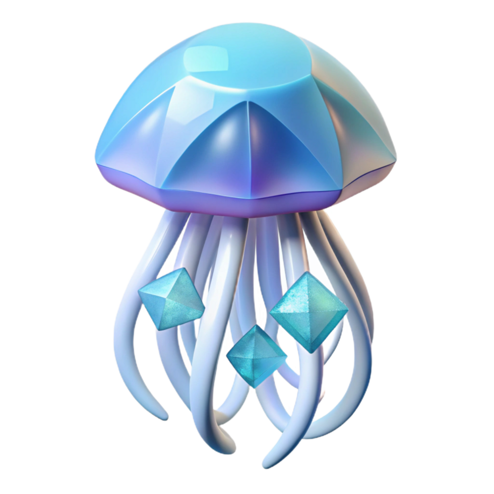 Crystalline Jellyfish 3D Render A Stunning Blue Facet Gemstone like Medusa with Iridescent Tentacles and Sparkling Crystals png
