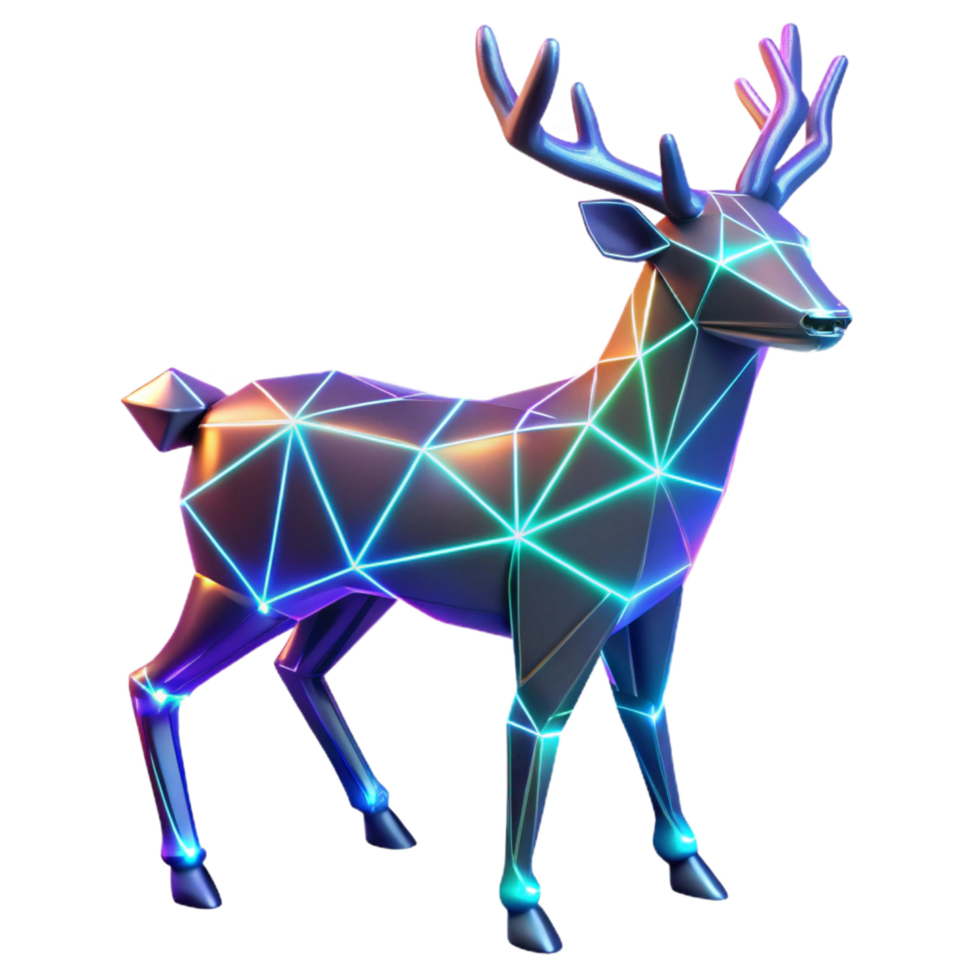Neon Low Poly Reindeer 3D Render Glowing Lines Abstract Art png