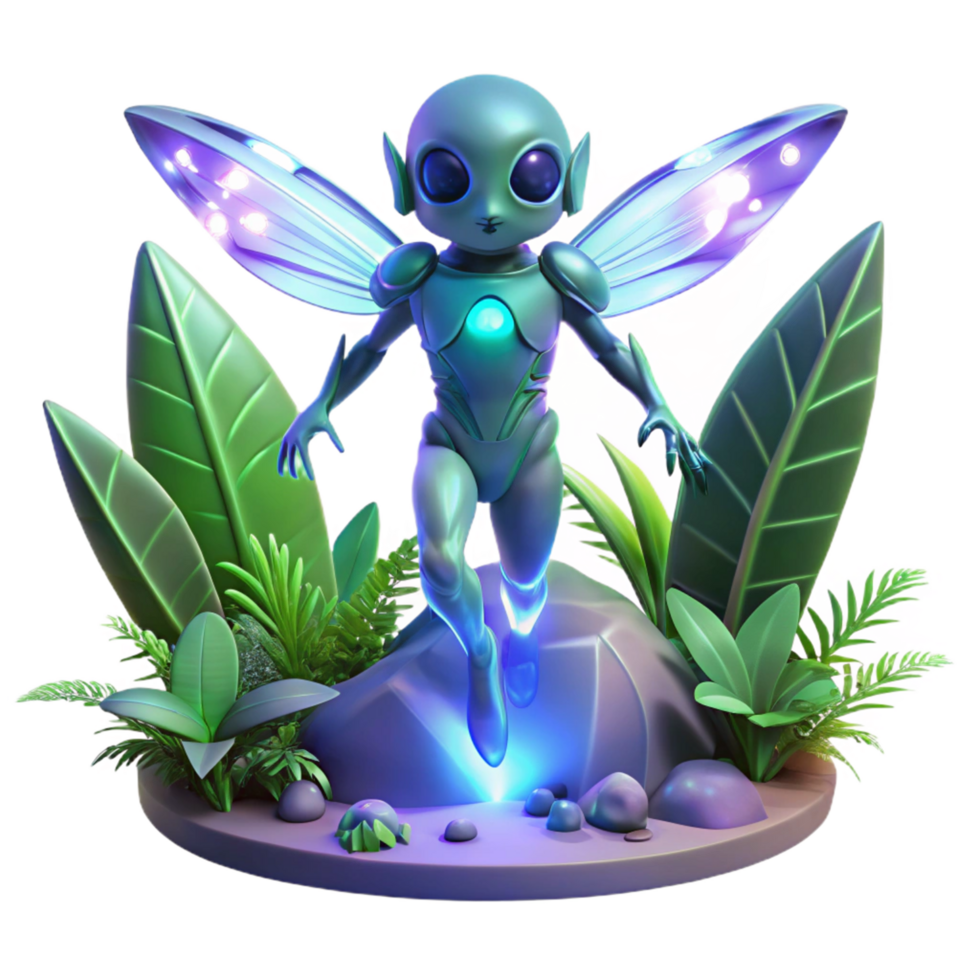 3D Render of a Fantasy Fairy Robot in Lush Foliage png