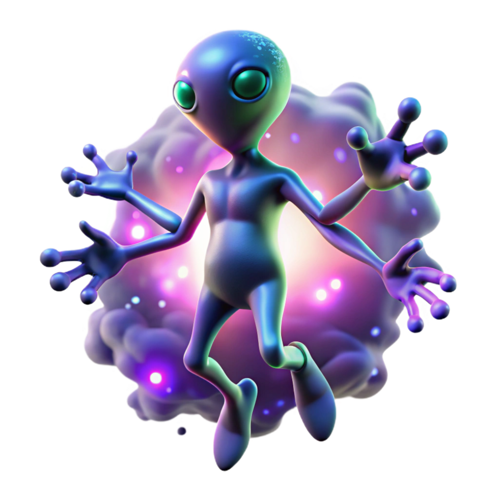 3D Illustration of a Playful Purple Alien Floating in a Glowing Nebula Cosmic Character Design png