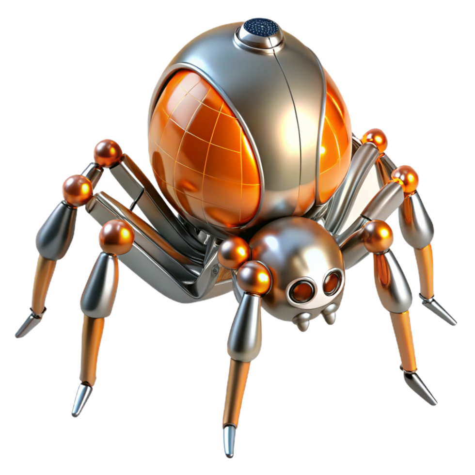 3D Render of a Futuristic Robotic Spider Illustration Orange and Silver Metallic Body Design png