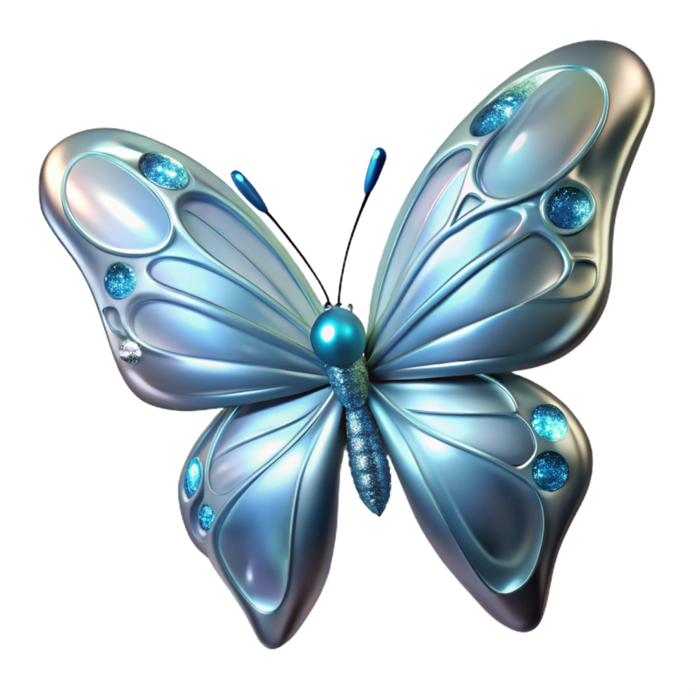 3D Render of a Sparkling Blue Butterfly with Metallic Wings and Glittering Accents png
