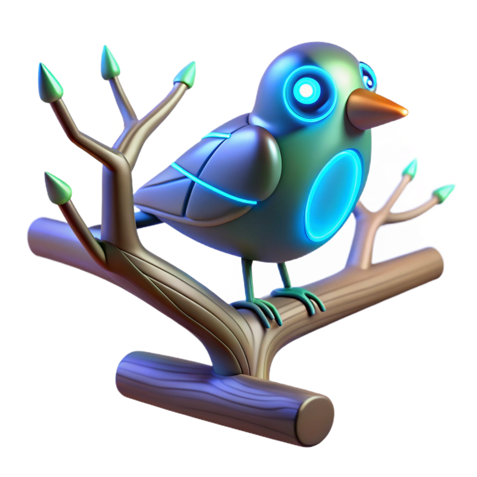 3D Render of a Futuristic Robotic Bird Perched on a Branch Illustration png