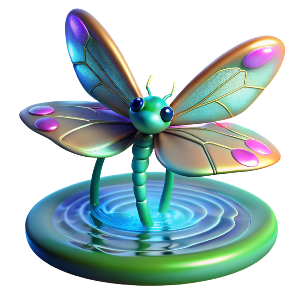 3D Render Dragonfly on Water Lily Pad png
