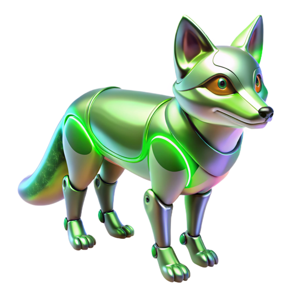 3D Render of a Metallic Green Robotic Fox Illustration Futuristic Animal Design png