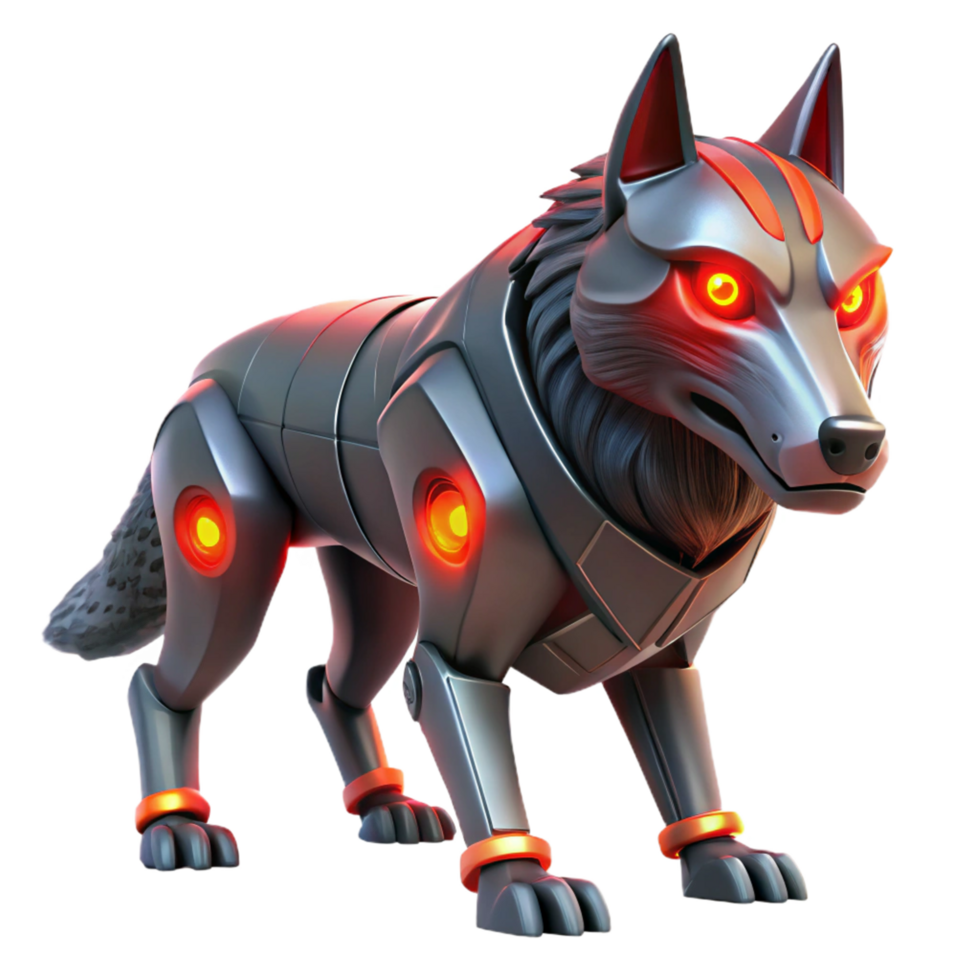Cybernetic Wolf 3D Render Futuristic Robotic Canine Glowing Lights Mechanical Animal Illustration png