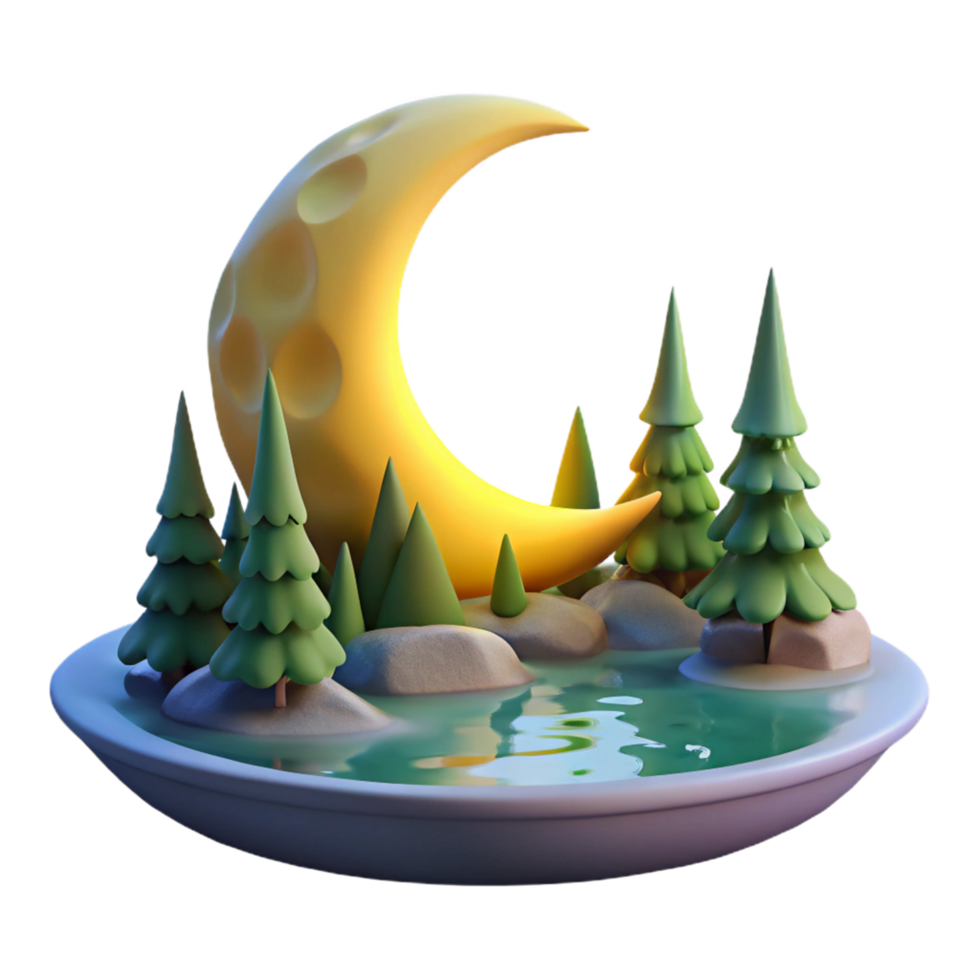 Enchanted Moonlit Pond 3D Render Illustration Serene Nighttime Forest Scene with Crescent Moon, Coniferous Trees, and Calm Water png