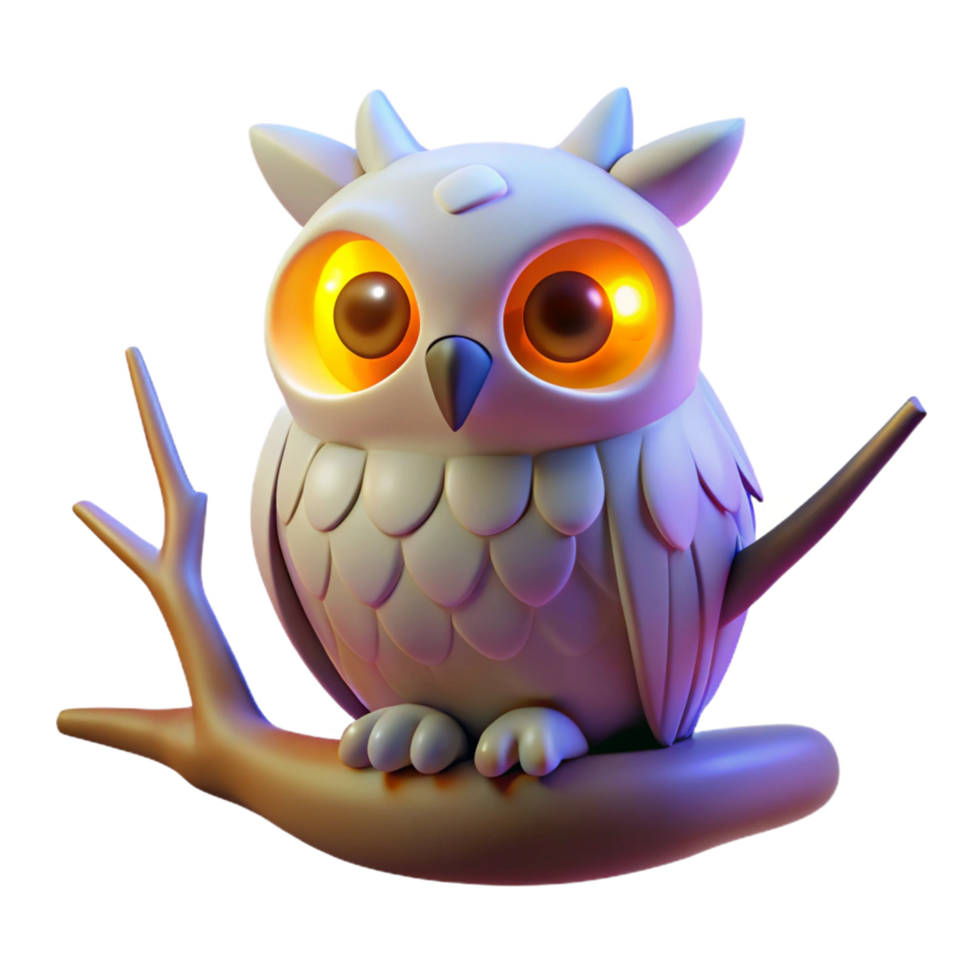 3D Render of a Cute Cartoon Owl Perched on a Branch Glowing Eyes Fantasy Creature Illustration png