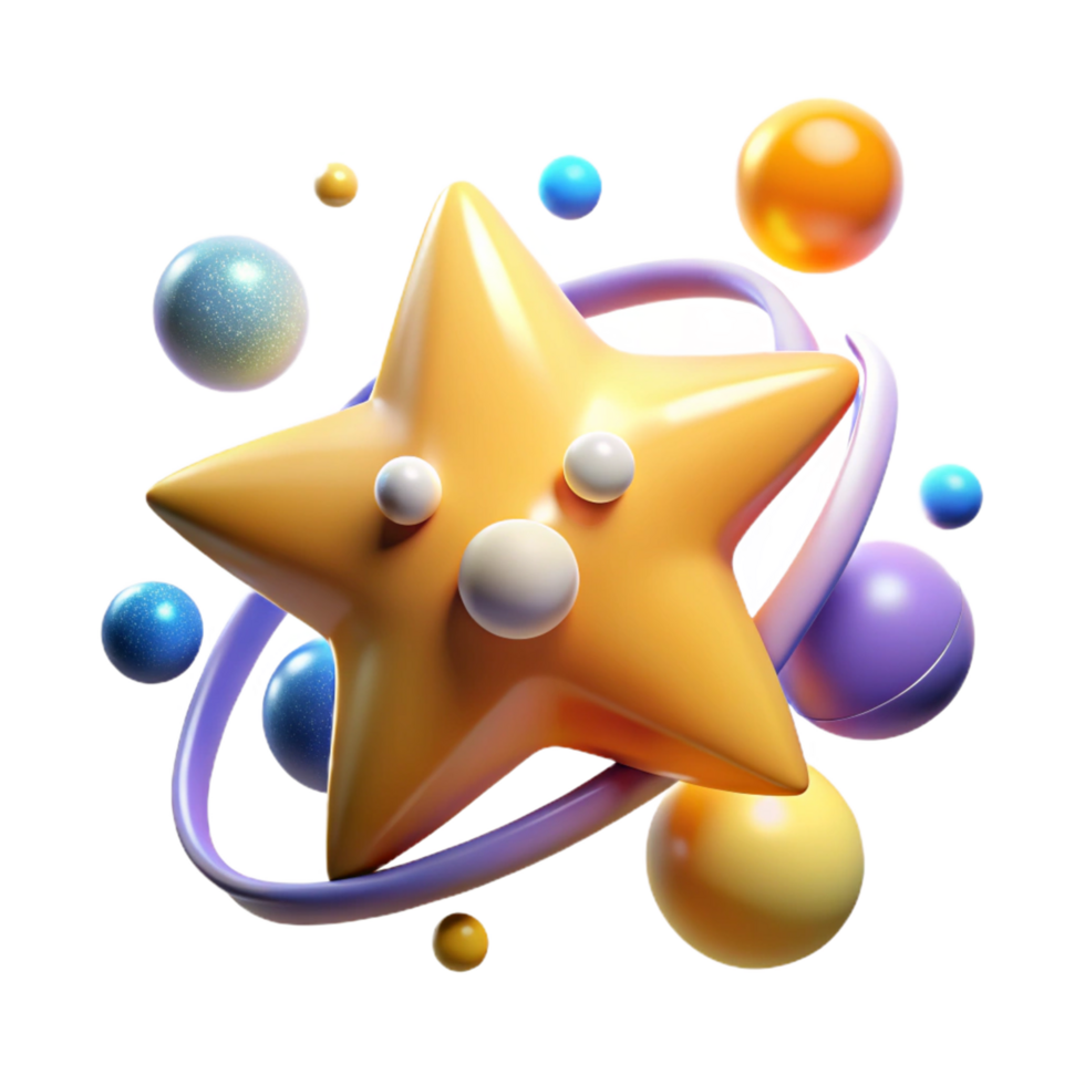 3D Render of a Cute Cartoon Star with Orbiting Planets Playful Abstract Background Illustration png