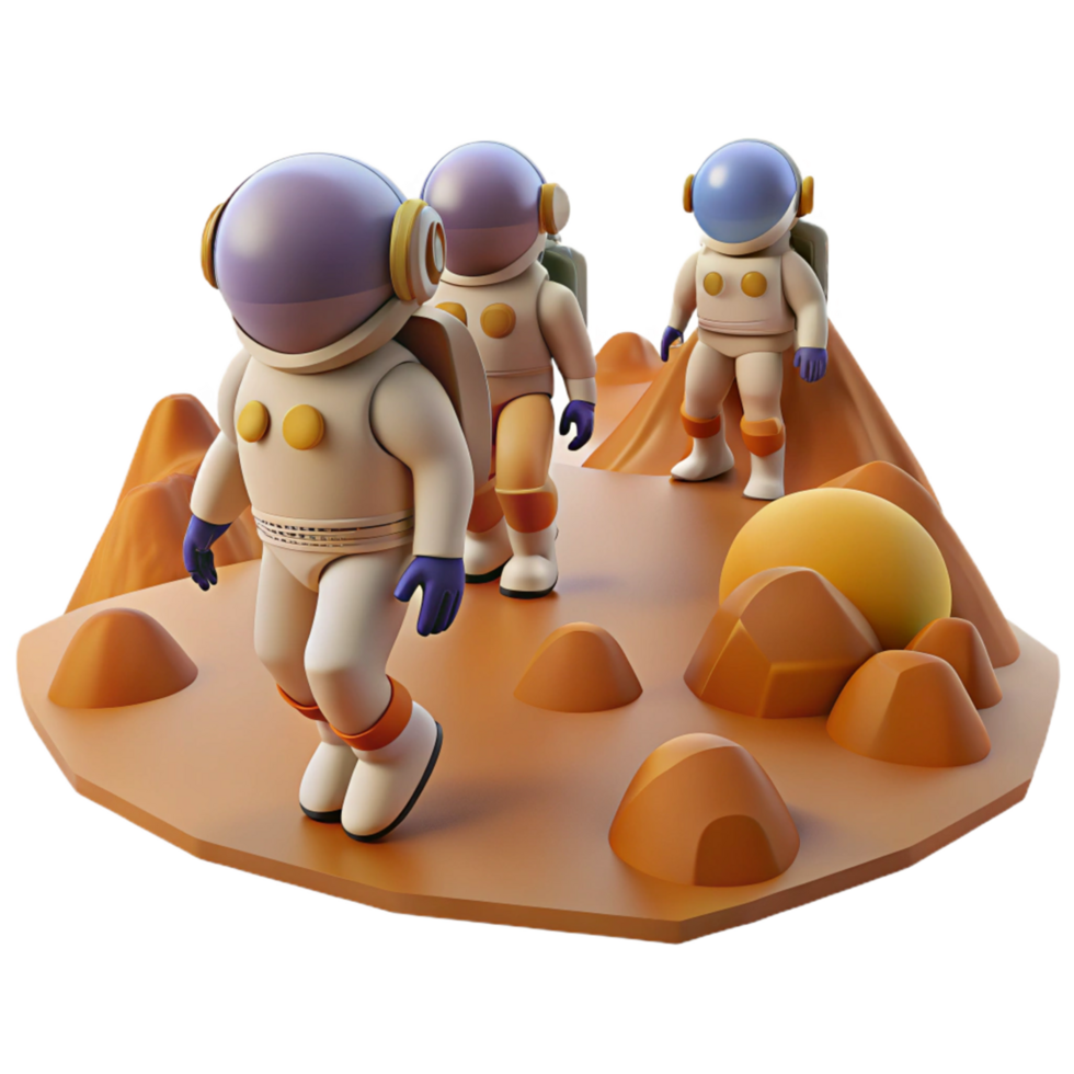 3D Illustration Astronauts Exploring a Planetary Surface with Rocky Terrain and a Large Orange Orb png