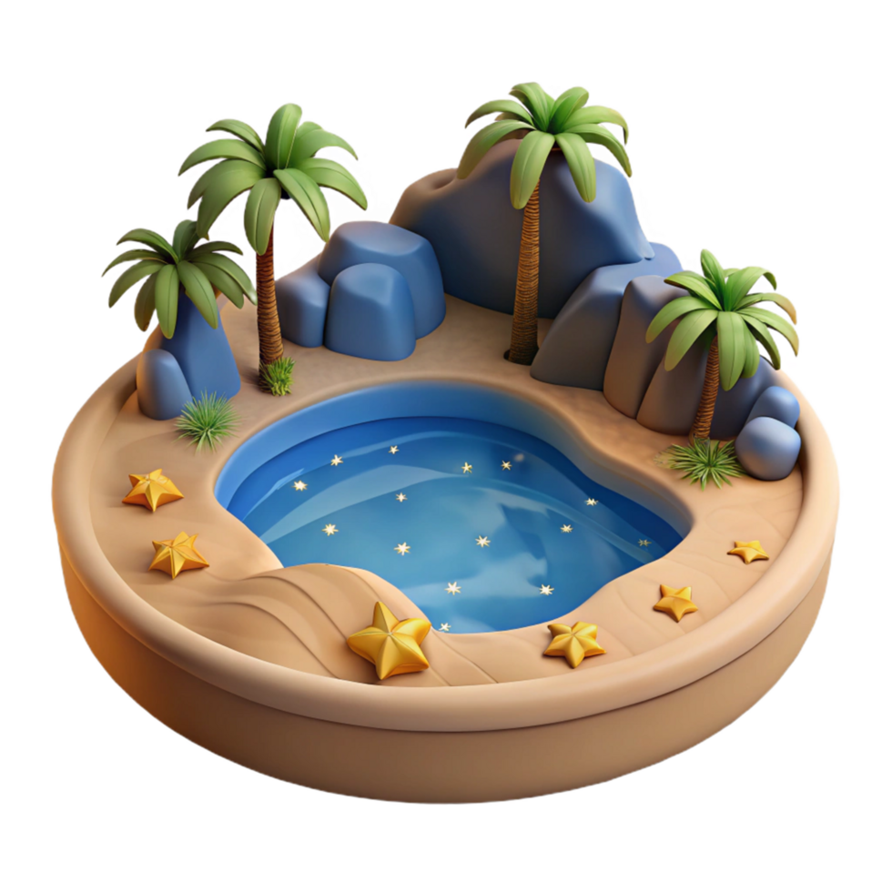 3D Oasis Illustration Serene Pool, Palm Trees, and Golden Stars png