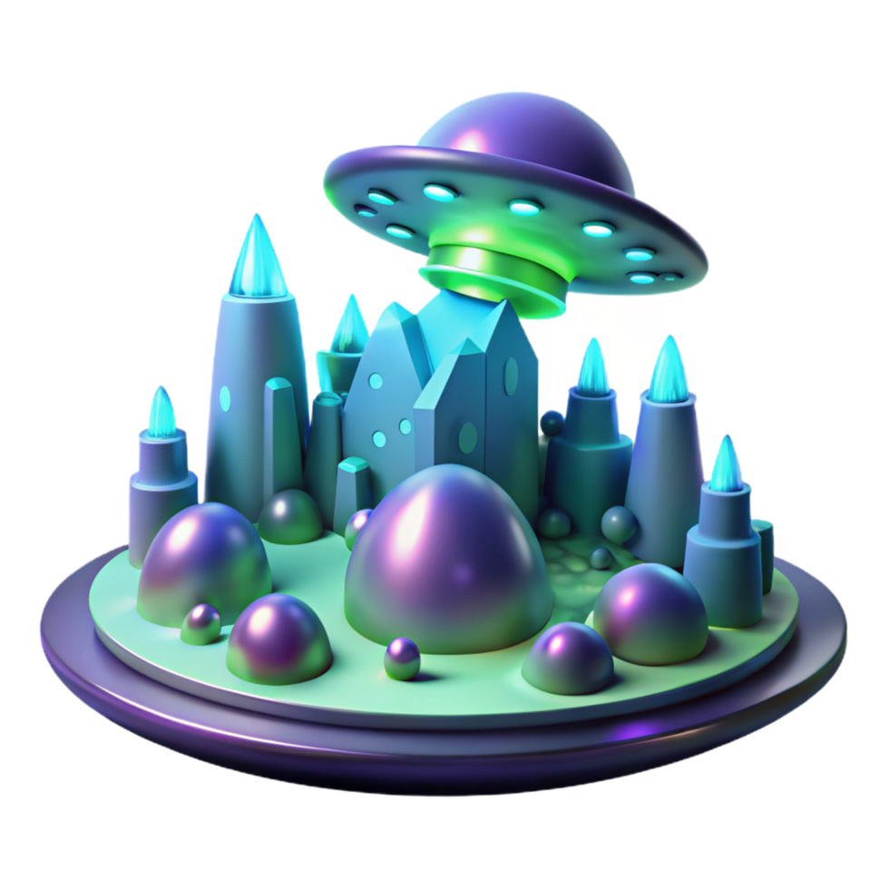 3D Alien UFO over Fantasy Cityscape Illustration png