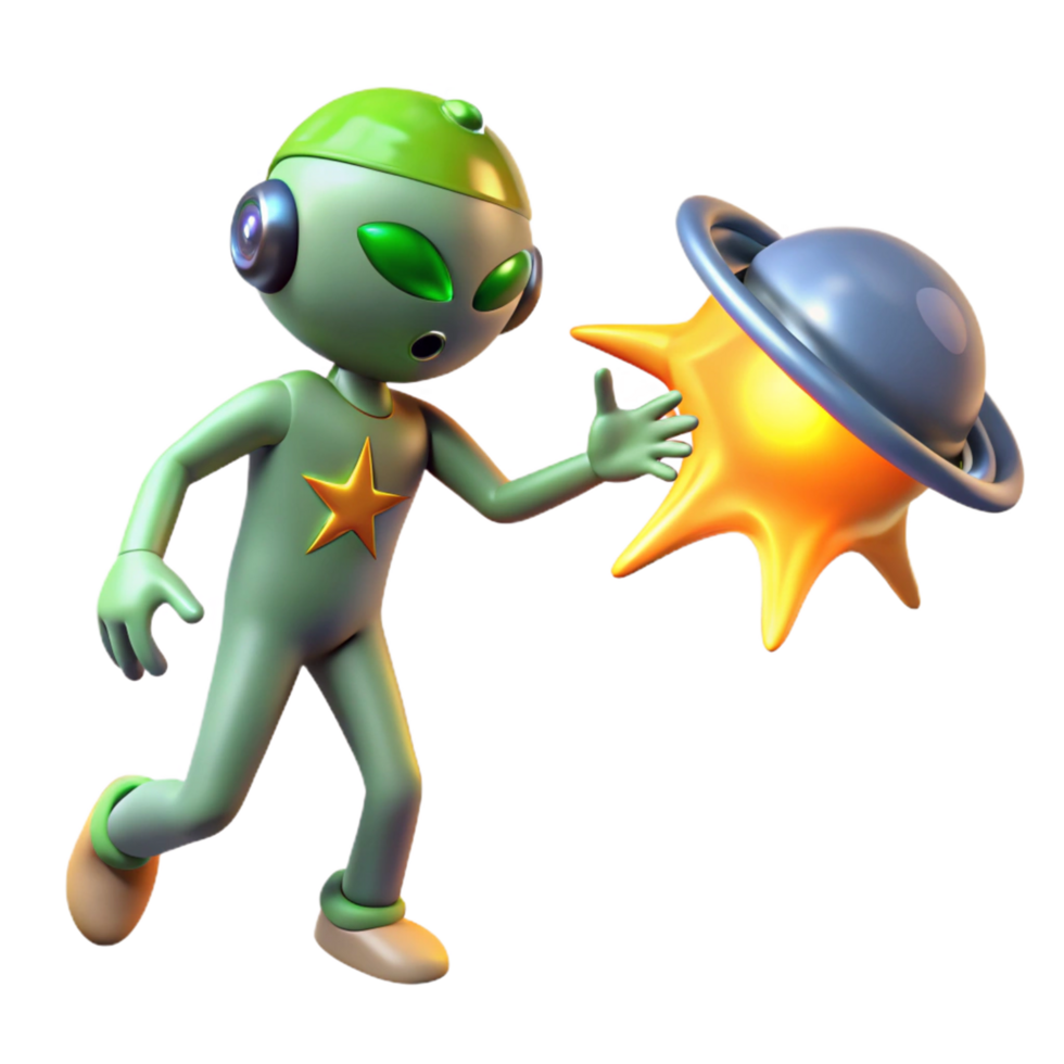 3D Render Green Alien Cartoon Character png