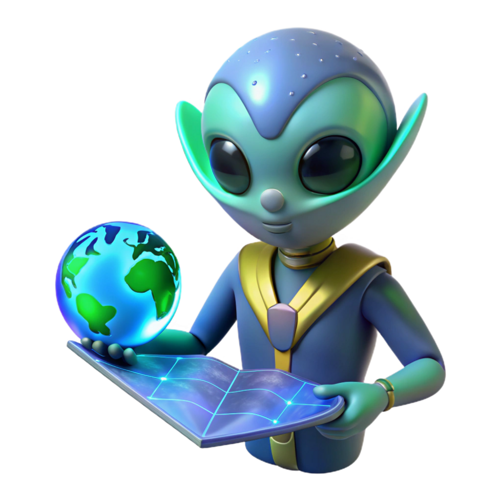 3D Render of an Alien Studying a Futuristic Tablet Displaying Earth Globe Data png