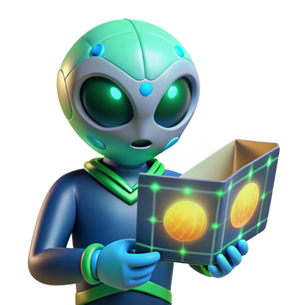 3D Render of Curious Alien Examining Glowing Orb Technology in Futuristic Book png