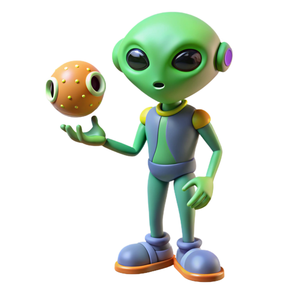 Playful Green Alien 3D Render Illustration Juggling Orange Sphere png