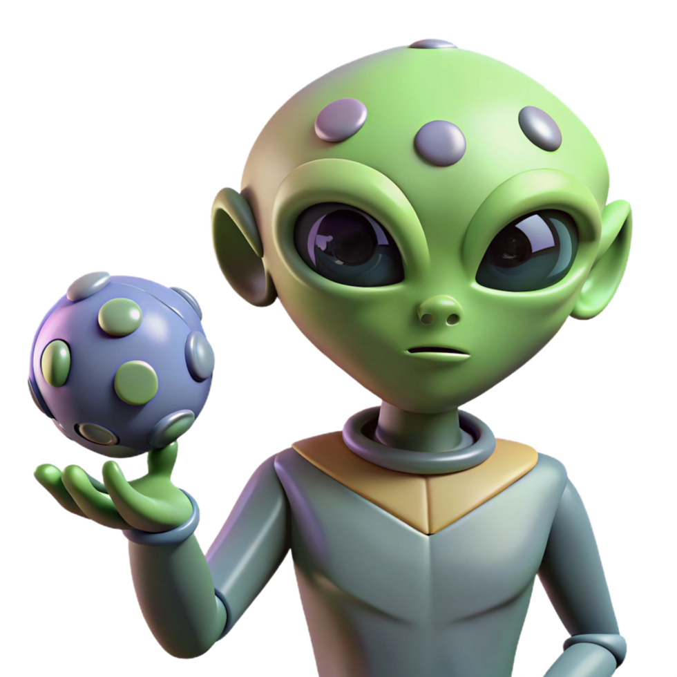 3D Render of Cute Alien Holding Orb png