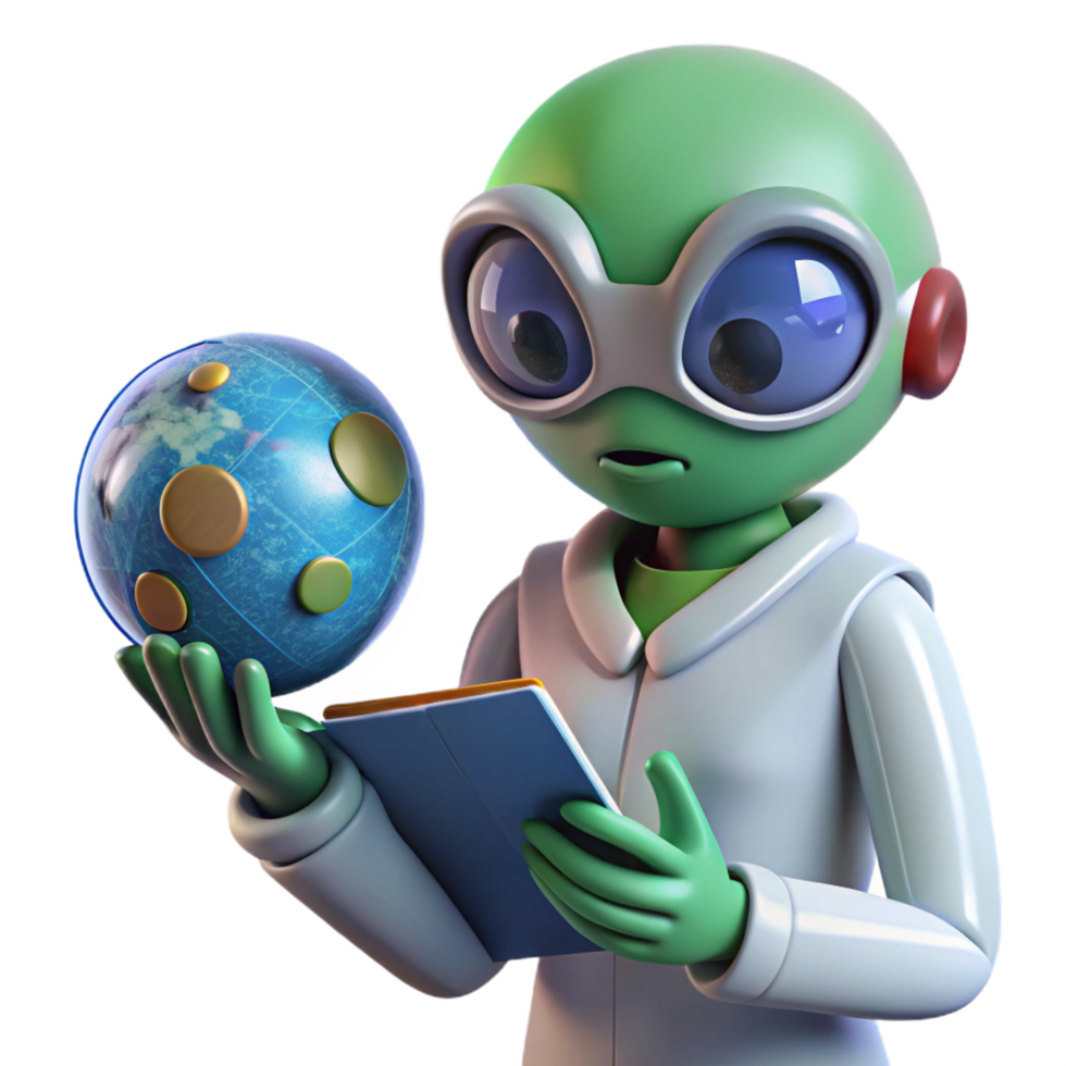 3D Render Alien Scientist Studying Planet png