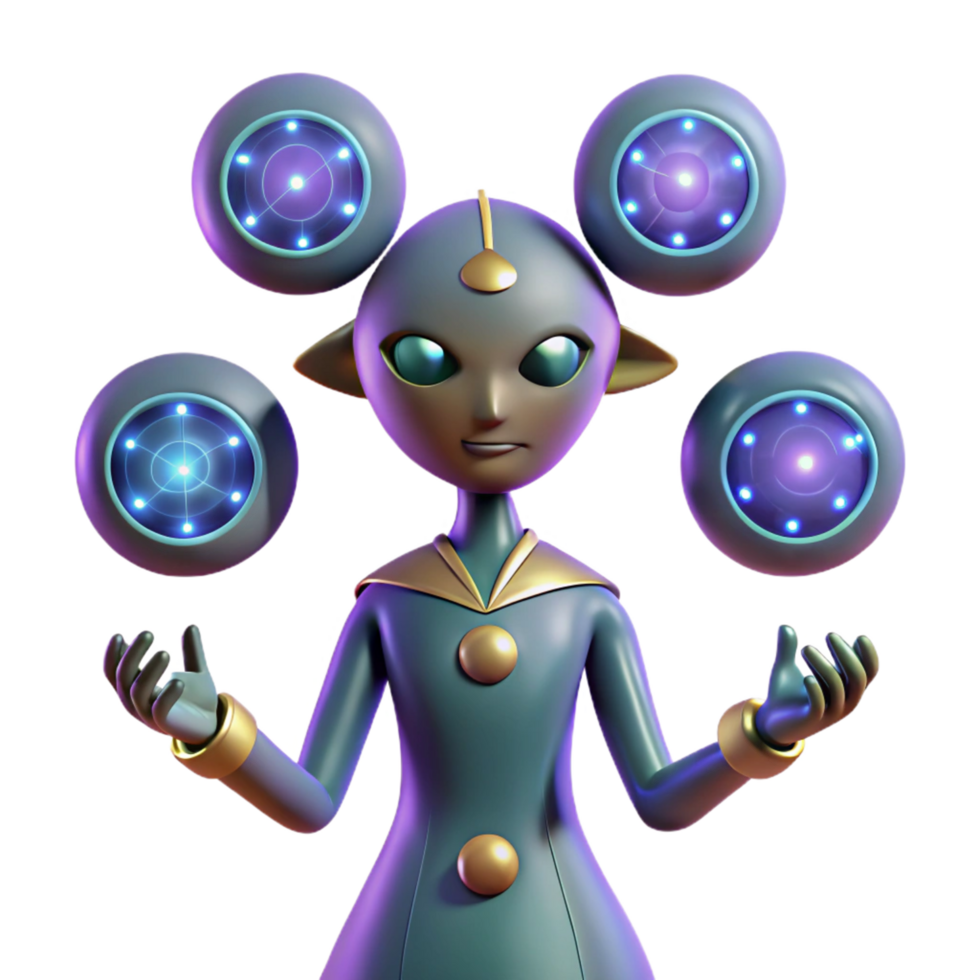 3D Render of a Cartoon Alien Juggling Glowing Orbs Futuristic Fantasy Character Illustration png