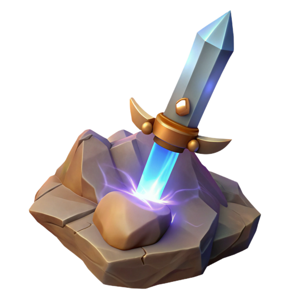 Luminous Crystal Sword 3D Render Fantasy Game Asset Magical Weapon Embedded in Stone Glowing Energy VFX png