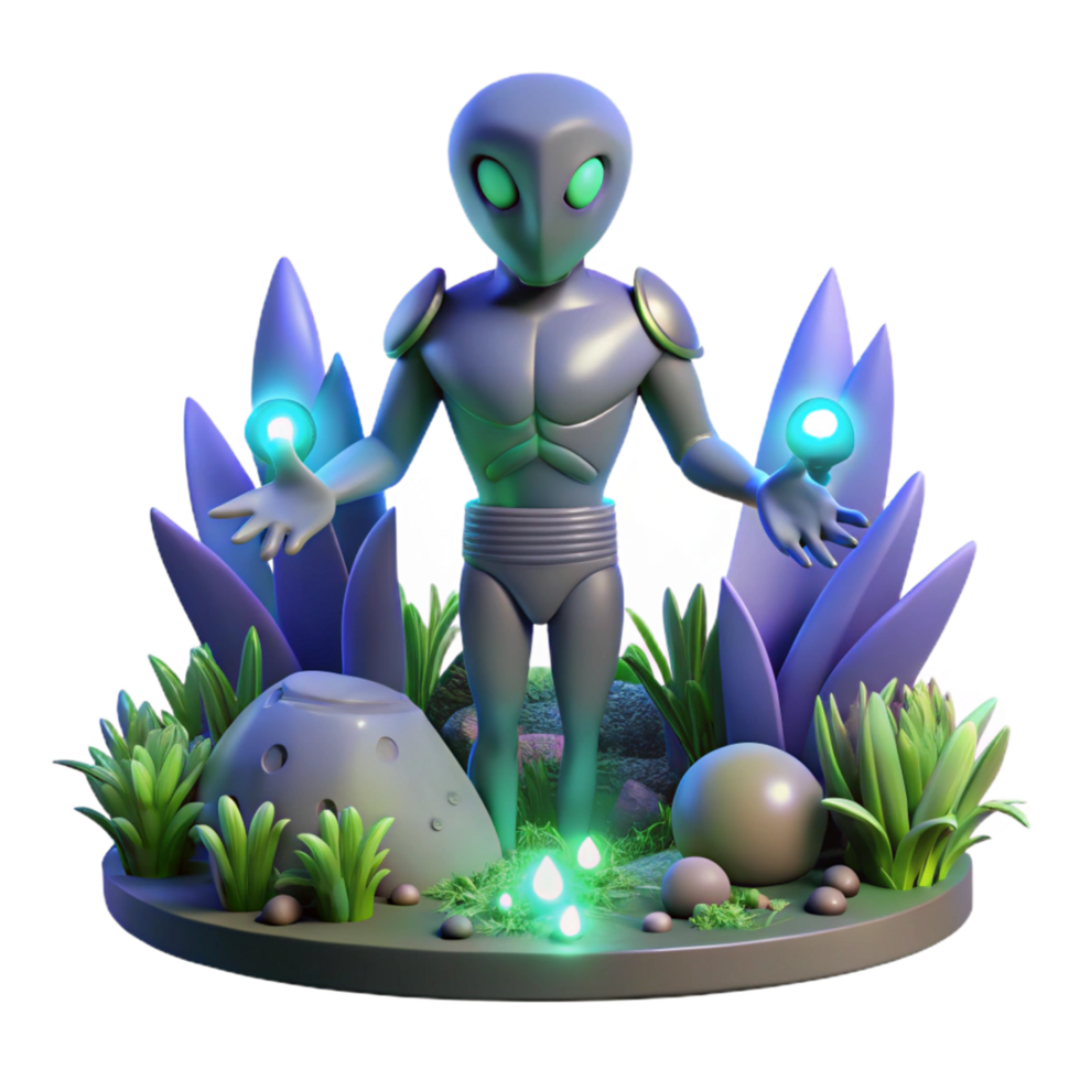 3D Alien in Mystical Garden Illustration png