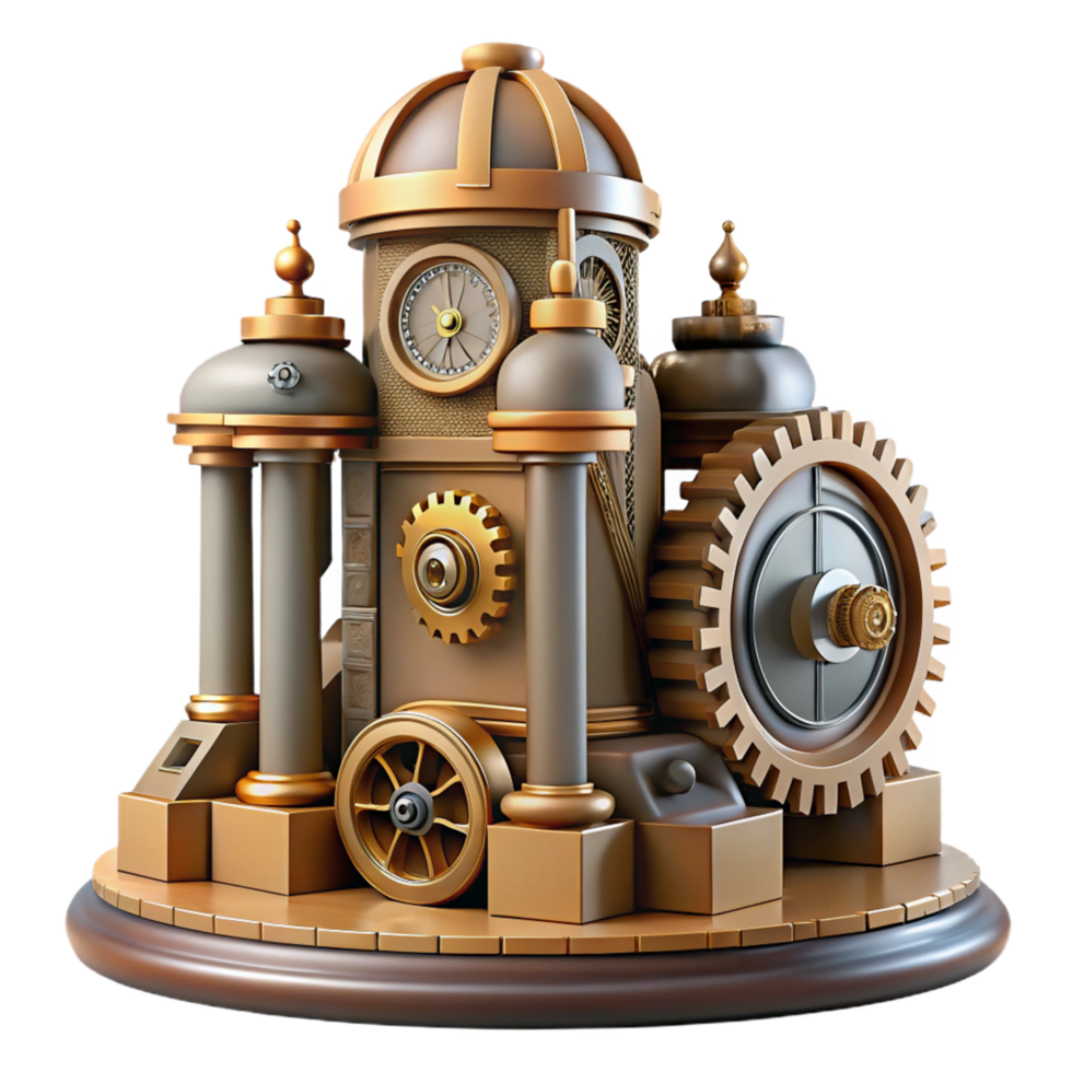 Steampunk Clockwork Tower 3D Illustration Intricate Gears, Golden Accents, and Architectural Design png